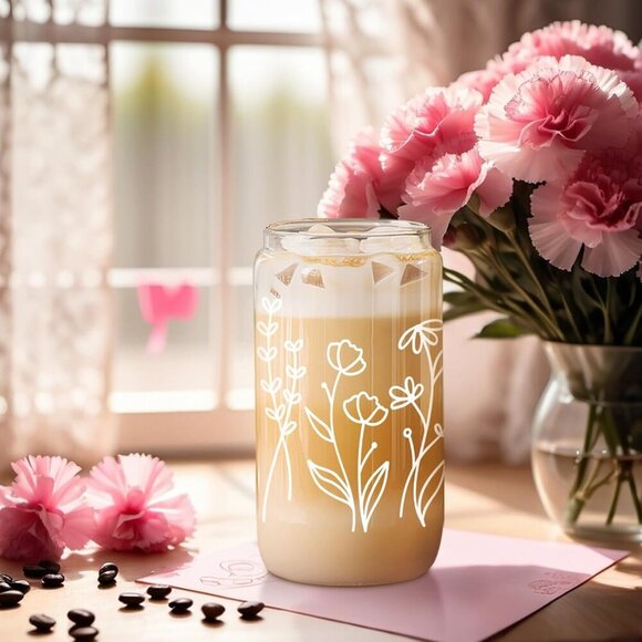 Floral Iced Coffee Cup, 16 oz Drinking Cute Glass Cups w/Lids Straws, Aesthetic - Picture 8 of 8
